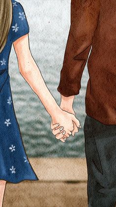 an illustration of a couple holding hands with the words love written on it and water in the background