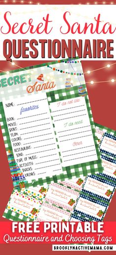 a printable secret santa questionnaire with the text, free printable and christmas tags