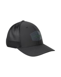 the hat is black and has a green patch on it