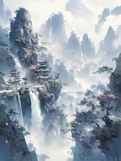 Fantasy Chinese Landscape, Wuxia Art Landscape, Chinese Castle Fantasy Art, Chinese Fantasy Art Landscape, Cultivation Chinese Art, Fanasty Landscape, Japanese Scenery Art, Chinese Scenery, Chinese Illustration