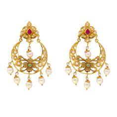 Bring an air of cultural sophistication to your look by adorning this pair of 22k yellow gold Chandbali earrings. The stunning gemstones and exquisite pearls used to create these Indian gold earrings are simply breathtaking. Features • 22k yellow gold • Cubic zirconia • Emeralds • Rubies • Pearl Virani Jewelers is a leading Indian gold jewelry store in the Iselin, New Jersey specializing in exquisite 22k gold jewelry designs. Shop with us for the finest Indian jewelry and experience the beauty a Gold Chandbali Earrings, Gold Chandbali, Indian Gold Earrings, 22k Gold Jewelry, Chandbali Earrings, Gold Jewelry Stores, Gold Bead Necklace, Gold Jewelry Indian, Gold Jewellery Design