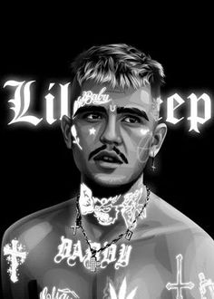 a black and white photo of a man with tattoos on his chest, in front of the words lil d rapp