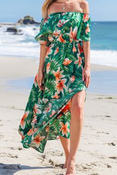 Slip into vacation mode with our Green & Orange Tropical Maxi Dress! Off-the-shoulder and flouncy, it's a breezy must-have for beach days and beyond. Product code: CAA05A4C099RD Features:  Woven Off-shoulder styling Flounce bodice Short sleeves Maxi Pattern: Floral Wash Method: Regular Wash Material: 100%POLYESTER. Cupshe Dress, Jungle Dress, Hawaii Dress, Tropical Maxi Dress, Island Dress, Sundress Summer, Prom Dress Shoes, Wardrobe Makeover, Tropical Print Dress