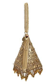 Gold triangular potli style bag embroidered with sequins and cutdana embellishments. Comes with woven handle. - Aza Fashions Potli Bag, Potli Bags, Embroidered Bag, Buy Gold, Aza Fashion, Embellishments, Leather, Gold