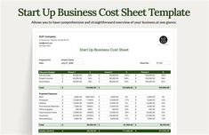 a business cost sheet is shown with the text, start up business cost sheet template