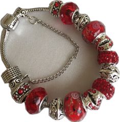 Red Beaded Charm Bracelet For Jewelry Making, Red Metal Crystal Bracelet Gift, Red Metal Jewelry With Colorful Beads, Red Metal Beaded Bracelet With Round Beads, Red Bracelets With Silver Beads For Jewelry Making, Gift Red Beaded Bracelets With Silver Beads, Red Beaded Bracelets With Silver Beads For Gifts, Red Bracelets With Large Beads For Party, Red Large Beads Bracelets For Party