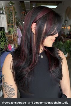 Dyed Wolf Cut, Wolf Cut Haircut, Sultry Hair, Red Chunky Highlights, Red Hair Streaks, Pink Hair Streaks, Hair Y2k, Dark Pink Hair, Color Trends 2024