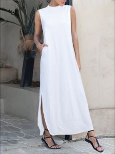 Loose Sleeveless Solid Color Split-Side Mock Neck Maxi Dresses - rrdeye Casual Sleeveless Plain Maxi Dress, Stretch Sleeveless Dress With Side Slits, Casual Sleeveless Midi Dress With Side Slits, Sleeveless Solid Maxi Dress With Side Slits, Solid Color Sleeveless Maxi Dress With Side Slits, Casual Sleeveless Maxi Dress With Side Slits, Casual Stretchable Maxi Dress With Side Slits, Casual Maxi Dress With Stretch Fit And Side Slits, Casual Stretch Maxi Dress With Side Slits