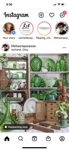 the instagram page is filled with green dishes and vases, including one that says instagram