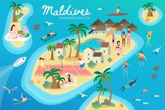 an illustrated map of the island with people playing tennis and swimming in the water, surrounded by palm trees