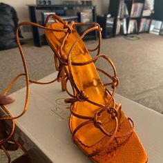 Burnt Orange Lace Up Heels, Size 7. New In Bag Orange Lace-up Heels For Party, Orange Open Heel Heels, Orange Open-heel Beach Heels, Orange Ankle Strap Heels With 4-inch Heel, Black Lace Heels, Burgundy Pumps, Butterfly Heels, Orange Synthetic Heels With 4-inch Heel, Orange Heels