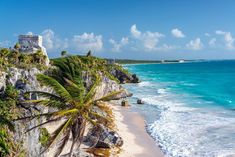 the beach is lined with palm trees and blue water, along with an old stone tower in the distance