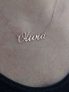 "This necklace is fully customizable from the font to length. Pick you favorite font online (open license like google font - https://fonts.google.com/) and we will create your name necklace in your desired length. Perfect new mother, baby shower, birthday, wedding, anniversary or Christmas gift. Available in 14k and 18k yellow, rose, white gold and platinum--just choose your desired metal and length from the drop-down menu before adding the item to your cart. Details: - Pick you open license fon Rose Gold Nameplate Necklace For Anniversary, Custom Rose Gold Nameplate Necklace For Anniversary, Customizable 14k Rose Gold Jewelry, Formal Custom Name Necklace In Rose Gold, Elegant Customizable Sterling Silver Necklace, Custom Rose Gold Name Necklace For Anniversary, Custom Rose Gold Necklace With Name For Anniversary, Rose Gold Custom Necklace For Personalized Gift, Elegant Customized White Gold Necklace