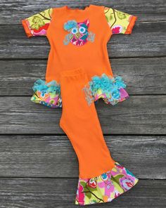 Owl Girl Outfit Owl Outfit, Sun Outfit, Bug Clothing, Girls Spring Outfits, Orange Knit, Owl Theme, Spring Girl, Ruffled Top, Cute Boutiques