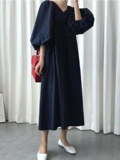 LOOSE ELEGANT PUFF SLEEVES LONG DRESS - rrdeye Chic Long Sleeve Navy Midi Dress, Chic Navy Long Sleeve Midi Dress, Casual Puff Sleeve Maxi Dress For Fall, Fall Casual Maxi Dress With Puff Sleeves, Blue Puff Sleeve Midi Dress For Fall, Navy Long Sleeve Midi Dress For Summer, Casual Blue Puff Sleeve Maxi Dress, Casual Blue Maxi Dress With Puff Sleeves, Navy Midi Dress For Spring Workwear