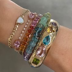 Classic Rainbow Semiprecious Beaded Bracelet – Milestones by Ashleigh Bergman Gold And Gemstone Jewelry, Old Lady Jewelry, Artsy Jewelry Aesthetic, Unique Pieces Clothing, Unique Gemstone Jewelry, Chunky Colorful Jewelry, Beaded Bracelets Stack, Cool Girl Jewelry, Maximalist Jewelry Gold