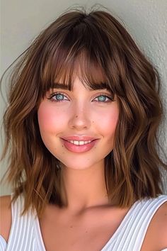 Wavy Blunt Cut Medium-Length Hairstyle with Bangs. Brown Lob With Bangs, Short Hairstyles With Bangs Round Face, Medium Hair Cuts For Women With Bangs, Shoulder Length Wavy Hair With Bangs, Wavy Lob With Bangs, Collarbone Length Hair With Bangs, Shoulder Length Hairstyles With Bangs, Women Medium Hairstyles, Shoulder Length Bob With Bangs