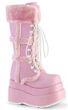 BEAR-202 Baby Pink Knee-High Boots-Demonia-Tragic Beautiful Pink Knee High Boots, Demonia Platforms, Demonia Boots, Demonia Shoes, Pastel Goth Fashion, Pink Platforms, Leather Knee Boots, Pleaser Shoes, Pink Fur