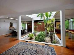 the inside of a house with wood flooring and plants in the middle of it