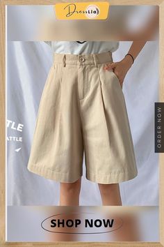 Women's Bermuda Shorts Cotton High Waist Wide Leg Front Pleats Shorts Beige Wide Leg Bottoms With Built-in Shorts, Trendy Knee-length Beige Bottoms, Khaki Short Length Summer Bottoms, High-waisted Khaki Shorts For Work, Solid Wide Leg Shorts For Spring, Solid Color Wide-leg Shorts For Spring, Trendy Beige Wide-leg Shorts, Spring Solid Color Wide Leg Shorts, Knee-length Cotton Bottoms For Day Out