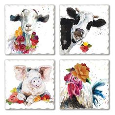 four square coasters with cows and flowers on the front, one has a flower in its mouth