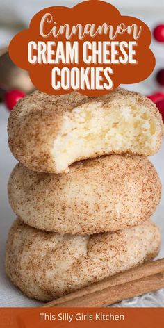 cinnamon cream cheese cookies stacked on top of each other