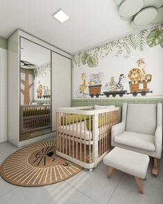 a baby's room decorated in green and white