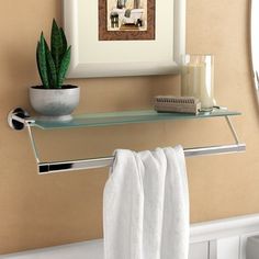 there is a towel rack in the bathroom with a potted plant on it and a mirror above