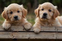 two golden retriever puppies looking over a wooden fence with their paws on the edge