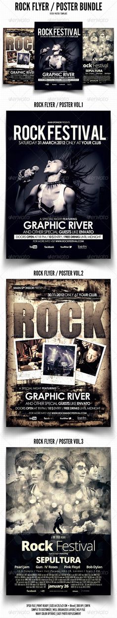 the movie poster for rock festival is shown in four different colors and sizes, including one with