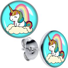 Product Details Hypoallergenic jewelry for sensitive skin.Rainbow Unicorn Stud Earrings If you are one in a million, you will totally love the colorful unicorn on these earrings for pierced lobes. They are made with stainless steel straight posts with friction backs for a secure fit. The front ends each feature a blue disc with a unicorn on it. Not only is the unicorn sitting in front of a rainbow, but it also has rainbow stripes in its mane and tail. Take pride in your uniquely colorful self wi Fun Nickel-free Silver Earrings, Fun Silver Earrings For Birthday, Cute Rainbow Jewelry For Pierced Ears, Rainbow Hypoallergenic Jewelry For Birthday, Rainbow Hypoallergenic Jewelry For Birthdays, Nickel-free Multicolor Earrings For Birthday, Rainbow Nickel-free Earrings For Gifts, Cute Nickel-free Rainbow Jewelry, Nickel-free Rainbow Earrings For Gift