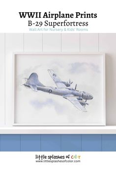 an airplane is flying in the sky above a shelf with other items on it and below that reads wwii airplane prints b - 29 superfortress