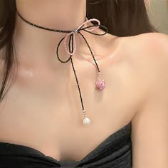 Pink Black Beaded Bow Beaded Clavicle Chain Pink Love Pearl Lace-up Necklace Niche Design Necklace on Luulla Beaded Necklace Pendant, Black Necklace Beads, Pink And Black Necklace, Black And Pink Aesthetic, Beaded Bow Necklace, Black Beads Necklace, Anting Manik, Beaded Bow, Beaded Chain Necklace