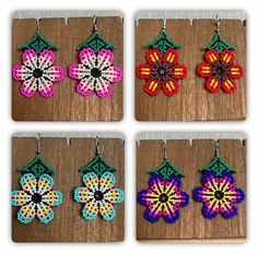 Traditional Mexican Handmade Huichol chaquira (beaded) earrings made by Mexican artisans in the Mexican state of Chipas. The earrings are lightweight, colorful and sure to bring you lots of compliments. Bohemian Multicolor Handmade Flower Earrings, Multicolor Handmade Flowers Bohemian Earrings, Traditional Flower Earrings For Festival, Traditional Flower Shaped Earrings For Festivals, Traditional Flower-shaped Earrings For Festivals, Multicolor Flower-shaped Earrings With Colorful Beads, Multicolor Flower Beaded Earrings For Festival, Multicolor Beaded Flower Earrings, Multicolor Floral Beaded Earrings For Festivals