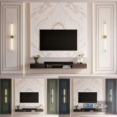 an elegant living room with marble walls and white furniture, including a flat screen tv mounted on the wall