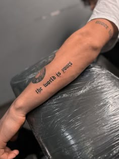 Tattoo ideas Forearm Word Tattoo, Word Tattoos On Arm, Forearm Tattoo Quotes, Simple Arm Tattoos, Small Forearm Tattoos, Forarm Tattoos, Wrist Tattoos For Guys