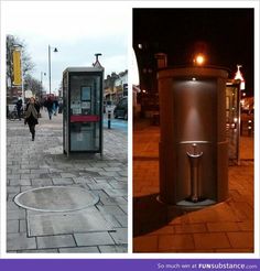 there are two pictures one has a public phone booth and the other has a wine glass in it