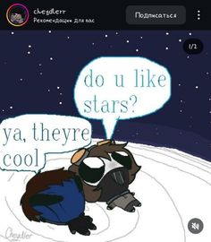 a cartoon dog sitting in the snow with a speech bubble above it that says do you like stars? ya, they're cool