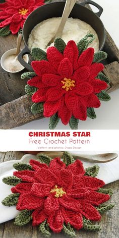 crocheted poinsettis are sitting on a wooden tray with spoons