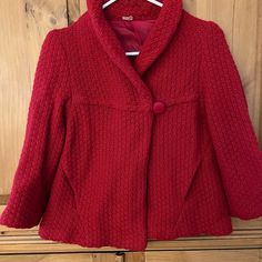 Really Adorable Swing Style Red Jacket Size S Lambs Wool Knit Fully Lined One (Double Breasted) Button Closure Side Pockets Excellent Condition, Never Worn, Bought For My Daughter Great For The Holidays Cozy Red Single Breasted Blazer For Winter, Retro Fall Outerwear With Covered Buttons, Retro Long Sleeve Outerwear With Covered Buttons, Retro Outerwear With Covered Buttons For Fall, Retro Winter Blazer With Button Closure, Vintage Winter Blazer With Covered Buttons, Retro Winter Outerwear With Button Cuffs, Red Buttoned Outerwear For Fall, Red Wool Outerwear For Spring