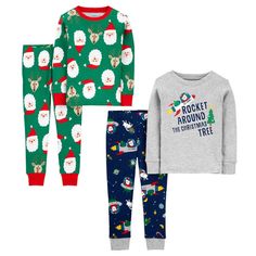 Nwt Carters Kids' 4-Piece Holiday Pajamas Set Includes: 2 Long Sleeve Tops & 2 Long Pant Bottoms 1st Set Is Green With Santa And Reindeer Pattern 2nd Set Is Gray And Nave Blue With Rocket Design And Says Rocket Around The Christmas Tree Ribbed Cuffs At Wrist And Ankles 100% Cotton Reindeer Pattern, Rocket Design, Carter Kids, Holiday Pajamas, Santa And Reindeer, Boys Pajamas, Pajamas Set, Kids Pajamas, Winter Theme