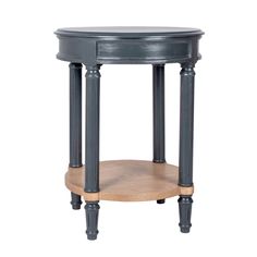 a round wooden table with two legs and a shelf on one side that has an open drawer in the middle