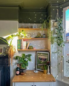 some plants are sitting on top of a shelf