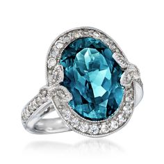 Ross-Simons - 7.89ct t. w. London Blue, White Topaz Ring, Diamond Accents. Size 6. With a beauty inspired by fantasy, this ring has an air of enchantment. A 7.00 carat oval London blue topaz stands at the center, wrapped in sterling silver milgrain and .89 ct. t. w. of white topaz rounds. Diamonds accent the leaf details on either side. White and London blue topaz ring. Blue Topaz birthstones are the perfect gift for December birthdays. Topaz Birthstone, Ring With Diamond, Ring Blue, Ring Diamond, Blue Topaz Ring, London Blue Topaz, London Blue