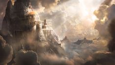 a castle in the sky surrounded by clouds