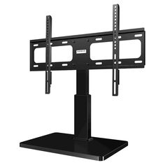 a flat screen tv mounted on top of a metal stand with two black brackets attached to it