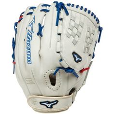 a white baseball glove with blue and red stitching on the inside of its mitt