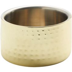 a gold colored metal bowl with holes in the middle and bottom, on a white background