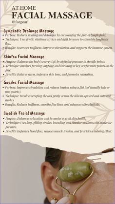 Learn some easy yet beneficial facial massages that can be done at home along with their purpose , technique and benefits Self Facial At Home, Aromatherapy Facial, Sunday Selfcare, How To Do Facial, Morning Tips, At Home Facial, Manual Massage Tools, Facial Massage Techniques, Jade Face Roller