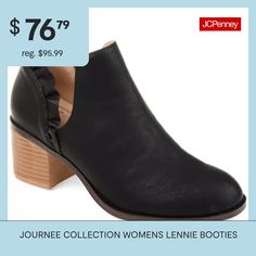 Could this bootie be any cuter? You'll love this new bootie by Journee Collection. This bootie has it all from faux leather material and a perfect deep v cut-out to ruffle heel accents. The best part about this bootie is that it is part of our comfort line. You'll get beautiful detail and You'll be comfortable all day!Features: Lightweight, ComfortClosure Type: Slip-OnShaft Circumference: 12 InchesBoot Shaft Height: 2 1/2 InchesShoe Heel Height: 2 1/4 InchesUpper/Outer Base Material: 100% Synth… Journee Collection, V Cuts, Stacked Heel, Leather Material, Bootie, Boots Booties, Heel Height, Cut Out, Love This